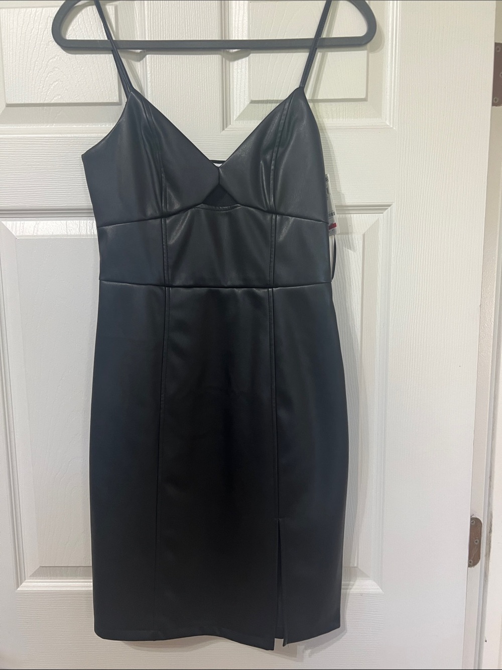 Bar III Black Faux Leather Mini Dress with Spaghetti Straps